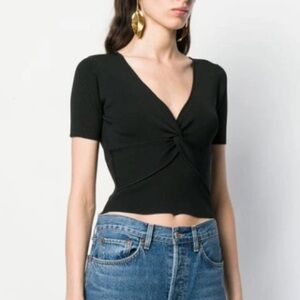 Sandro Paris black ribbed twist front knit short sleeve crop top - XS (0)
